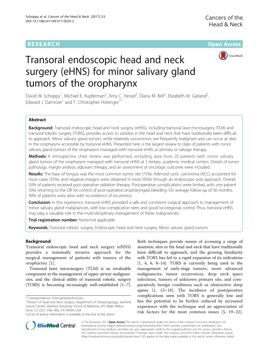 Transoral Endoscopic Head And Neck Surgery Ehns For Minor Salivary