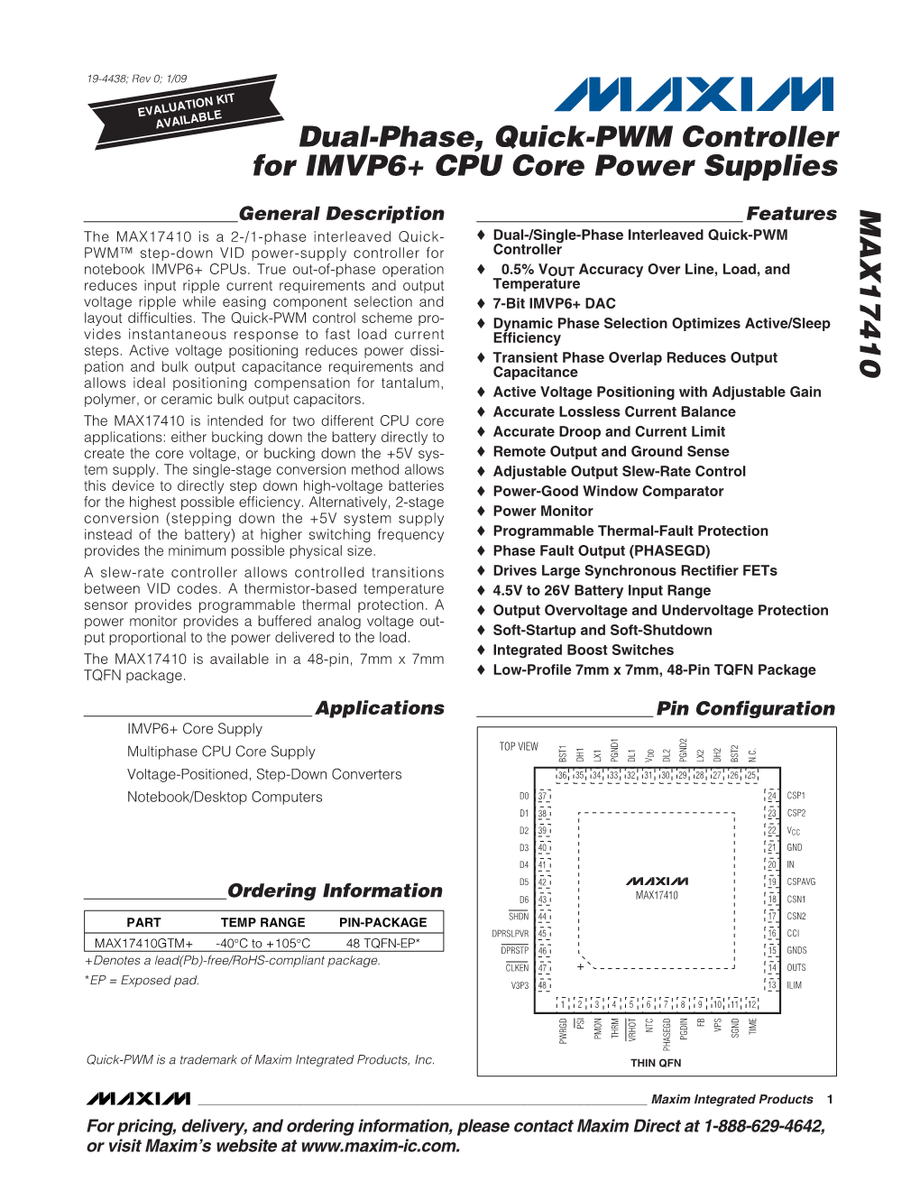 MAX17410 Dual-Phase, Quick-PWM Controller for IMVP6+ CPU Core