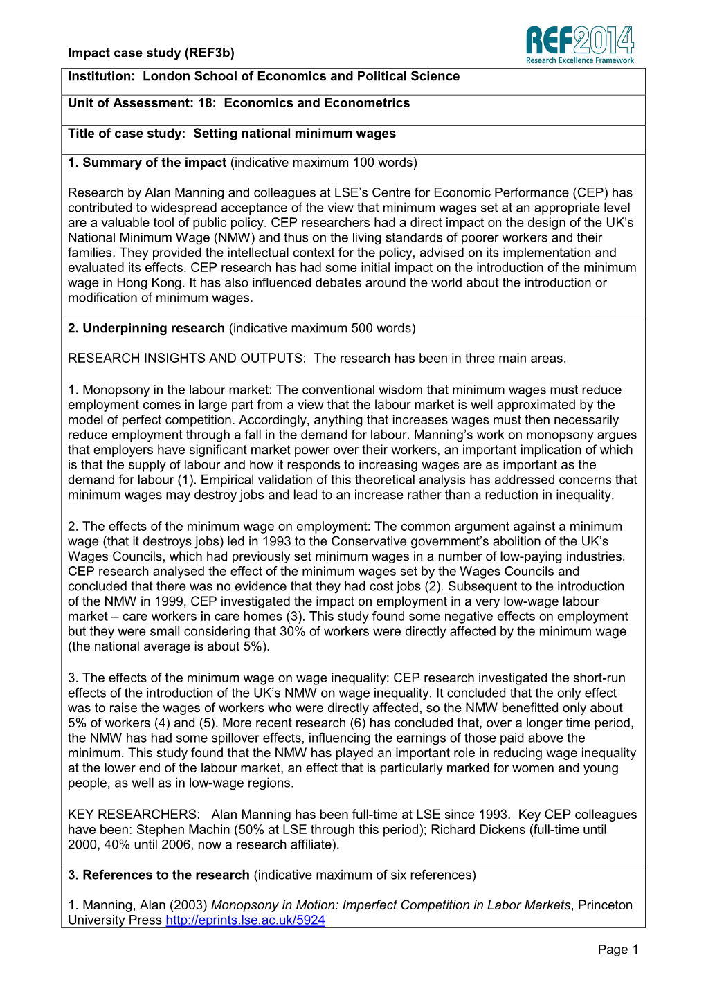 LSE REF 2014 Submitted Impact Case Study Manning