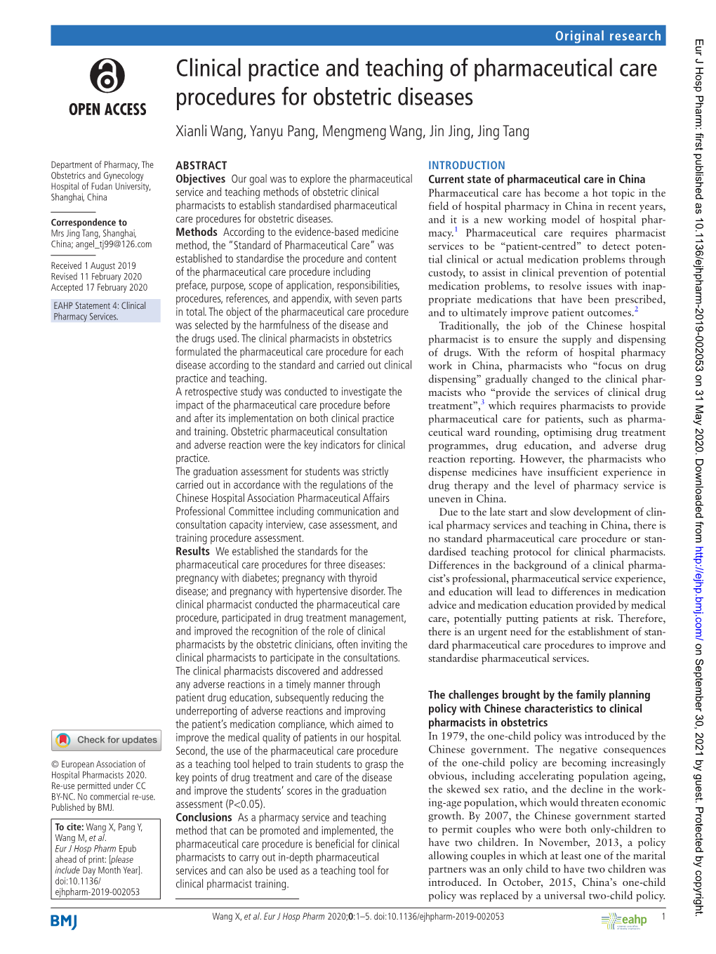 Clinical Practice and Teaching of Pharmaceutical Care Procedures for Obstetric Diseases Xianli Wang, Yanyu Pang, Mengmeng Wang, Jin Jing, Jing Tang