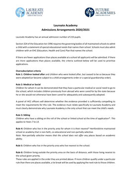 Laureate Academy Admissions Arrangements 2020/2021