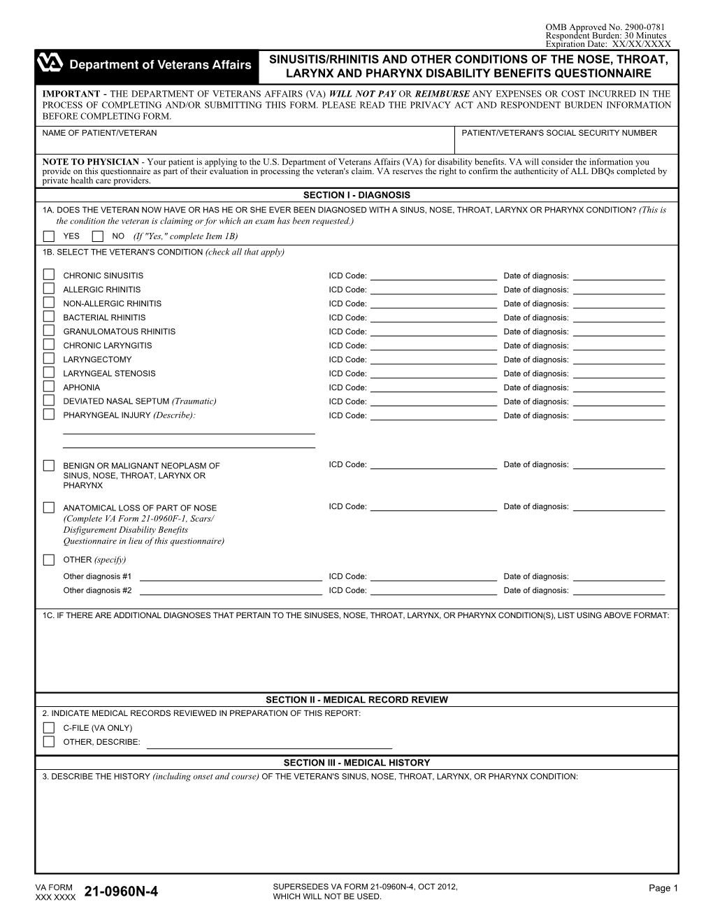 VA FORM 21-0960N-4, OCT 2012, Page 1 XXX XXXX 21-0960N-4 WHICH WILL NOT BE USED