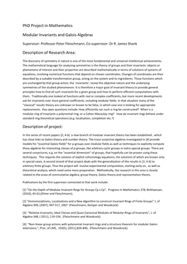 Phd Project in Mathematics Modular Invariants and Galois Algebras
