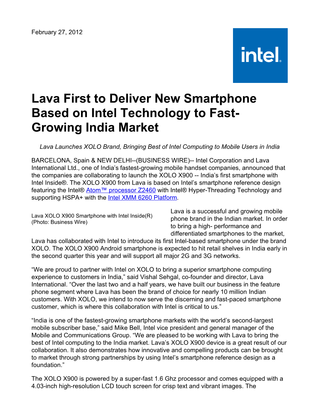 Lava First to Deliver New Smartphone Based on Intel Technology to Fast- Growing India Market