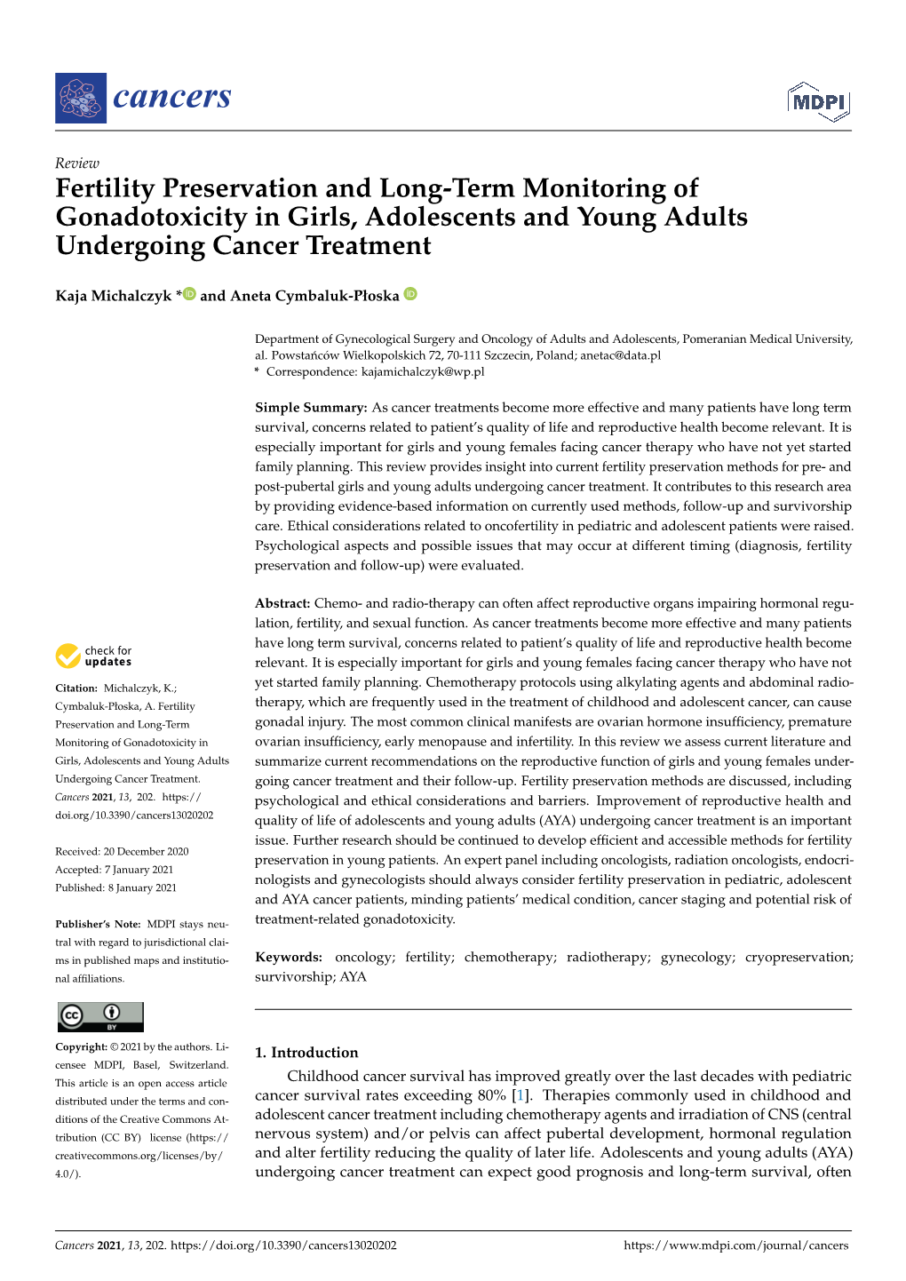 Fertility Preservation and Long-Term Monitoring of Gonadotoxicity in Girls, Adolescents and Young Adults Undergoing Cancer Treatment