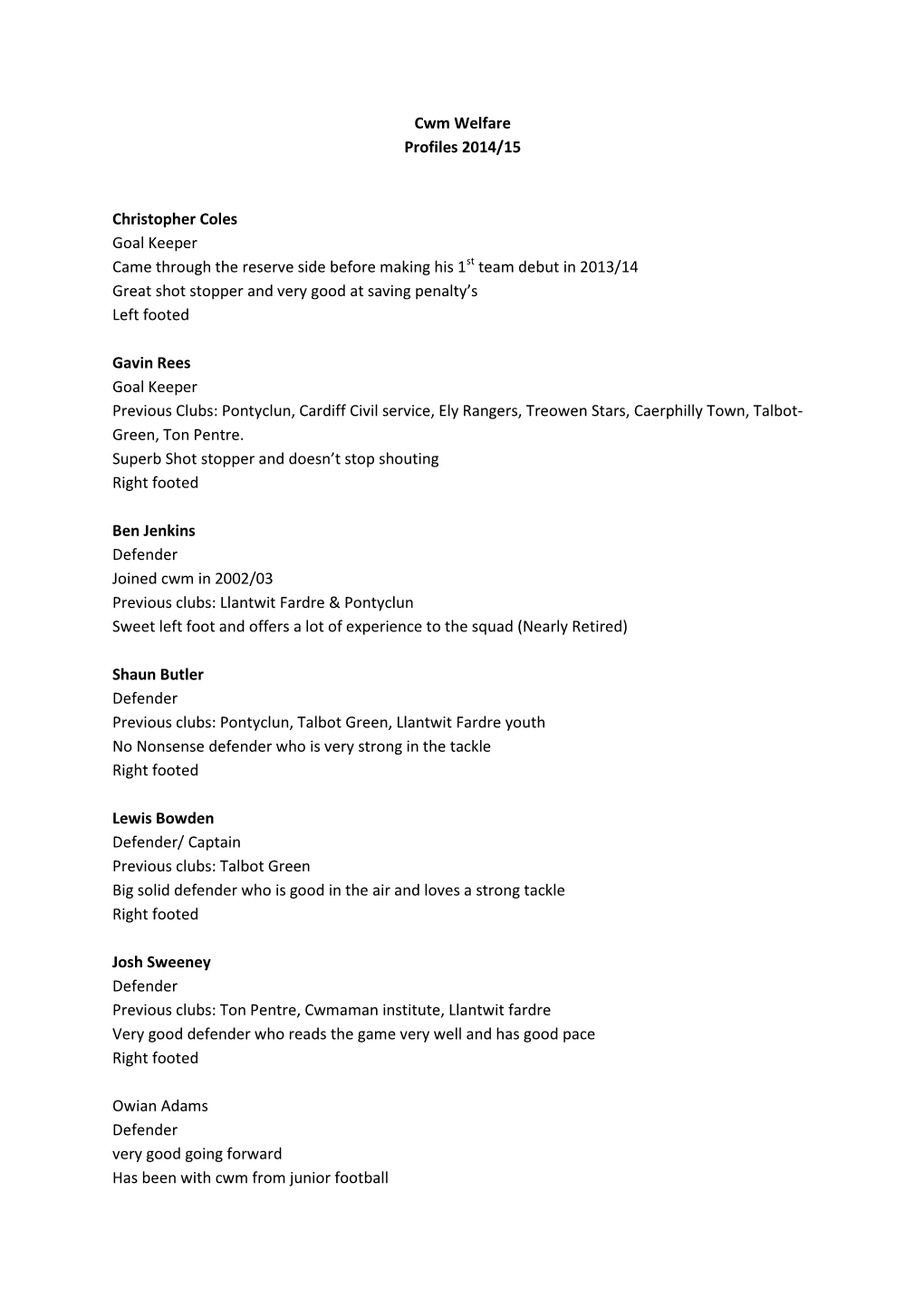 Cwm Welfare Profiles 2014/15