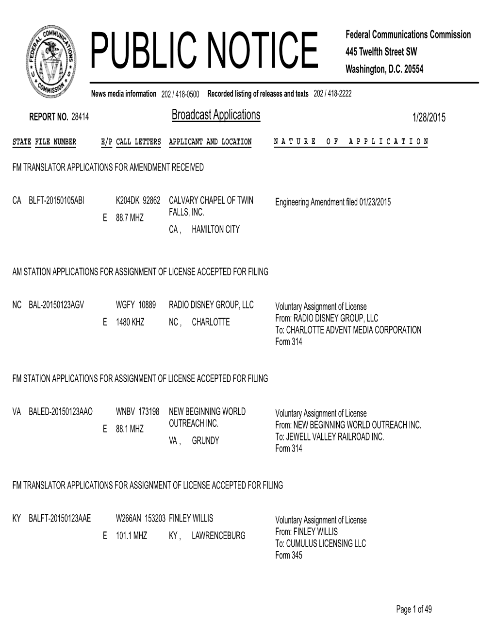 Broadcast Applications 1/28/2015