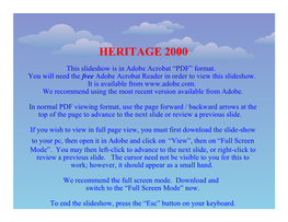 HERITAGE 2000 This Slideshow Is in Adobe Acrobat “PDF” Format