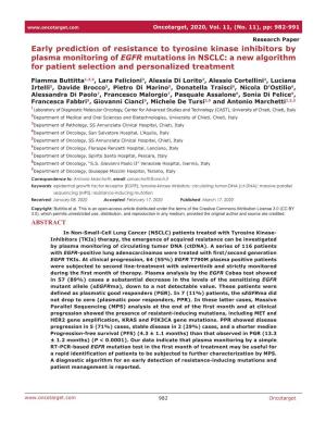 Early Prediction of Resistance to Tyrosine Kinase Inhibitors by Plasma Monitoring of EGFR Mutations in NSCLC