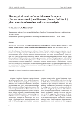 And Damson (Prunus Insititia L.) Plum Accessions Based on Multivariate Analysis