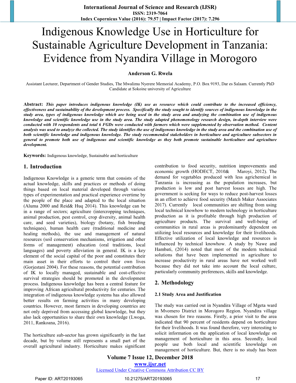 Indigenous Knowledge Use in Horticulture for Sustainable Agriculture Development in Tanzania: Evidence from Nyandira Village in Morogoro