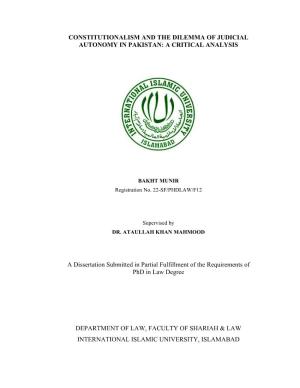 Constitutionalism and the Dilemma of Judicial Autonomy in Pakistan: a Critical Analysis