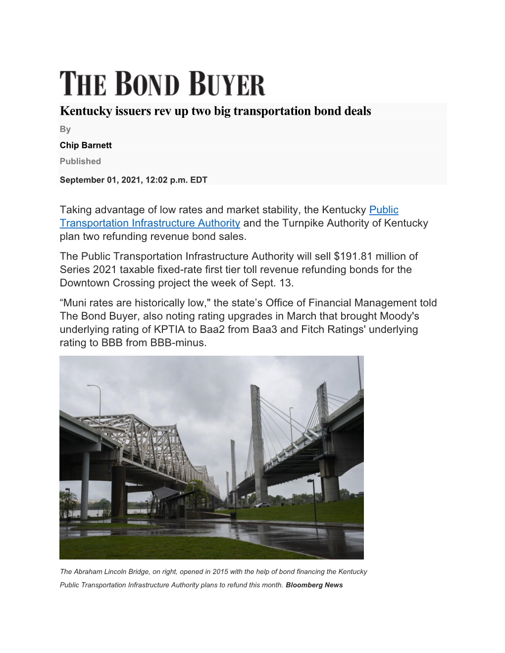 Kentucky Issuers Rev up Two Big Transportation Bond Deals by Chip Barnett Published