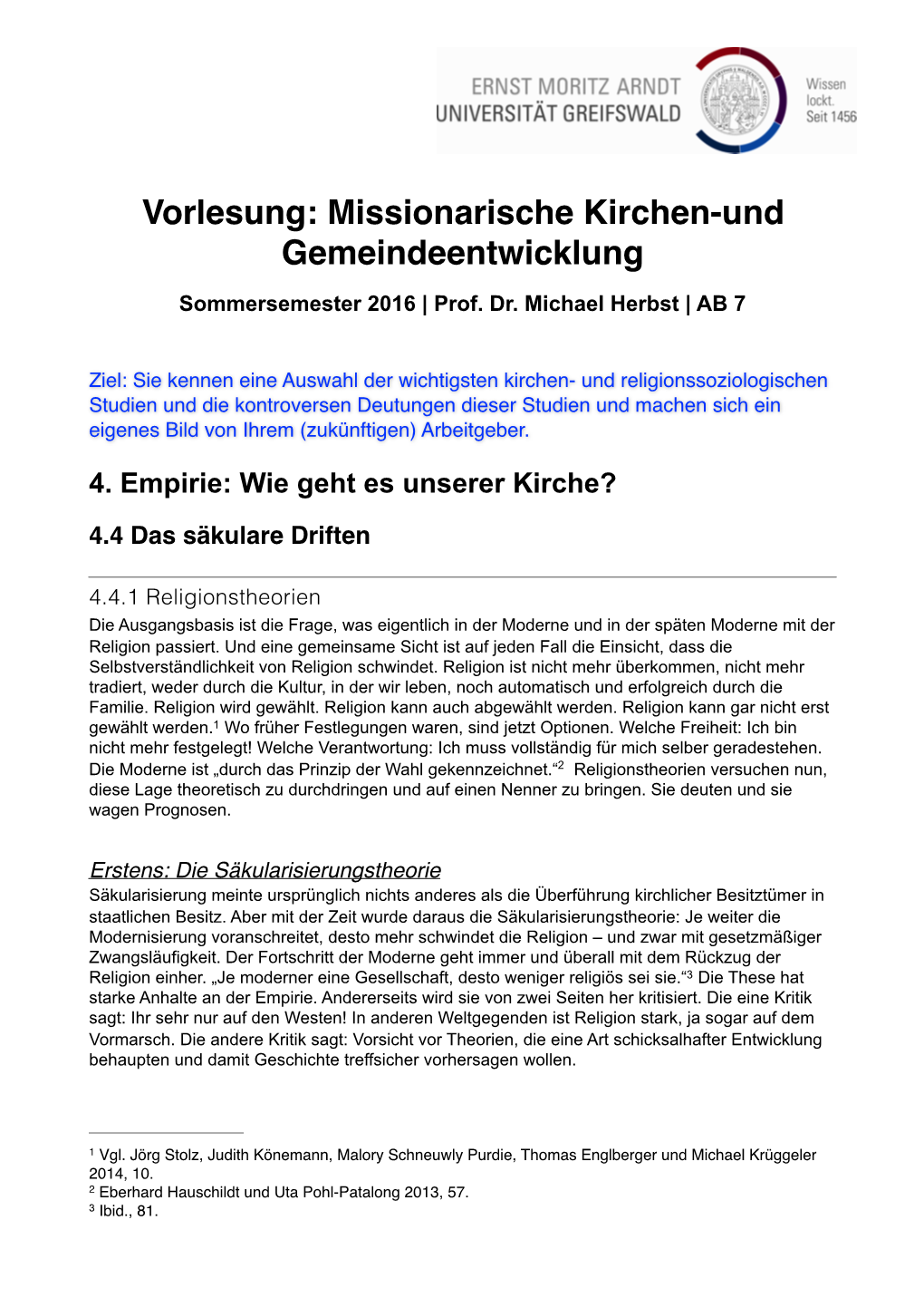 Vorlesung: Missionarische Kirchen-Und Gemeindeentwicklung Sommersemester 2016 | Prof