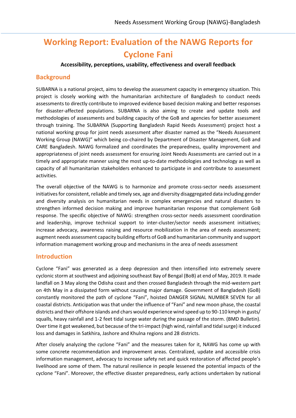 Working Report: Evaluation of the NAWG Reports for Cyclone Fani Accessibility, Perceptions, Usability, Effectiveness and Overall Feedback Background