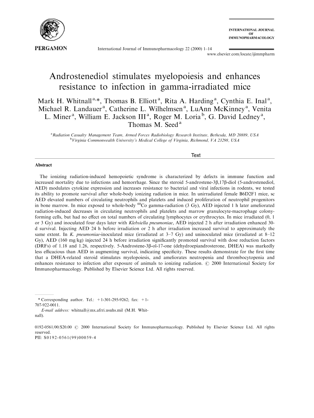 Androstenediol Stimulates Myelopoiesis and Enhances Resistance to Infection in Gamma-Irradiated Mice Mark H