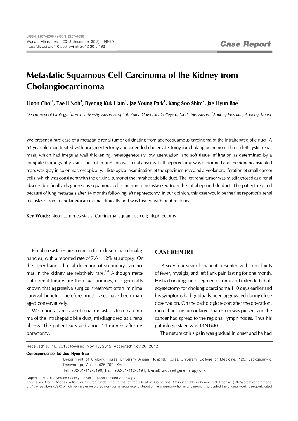 Metastatic Squamous Cell Carcinoma of the Kidney from Cholangiocarcinoma