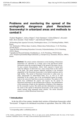 Problems and Monitoring the Spread of the Ecologically Dangerous Plant Heracleum Sosnowskyi in Urbanized Areas and Methods to Combat It