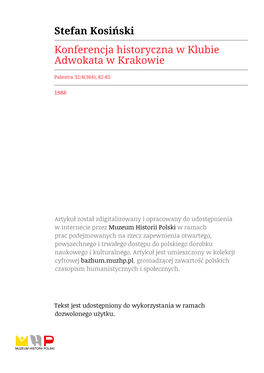 Stefan Kosiński Konferencja Historyczna W Klubie Adwokata W Krakowie