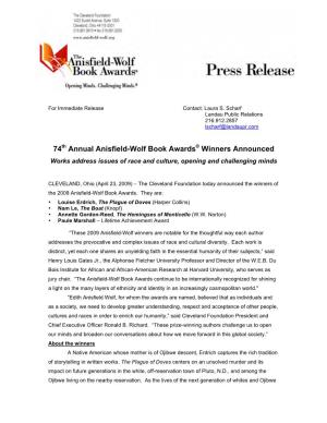 2009 Anisfield-Wolf Book Awards Press Release