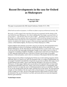 Recent Developments in the Case for Oxford As Shakespeare