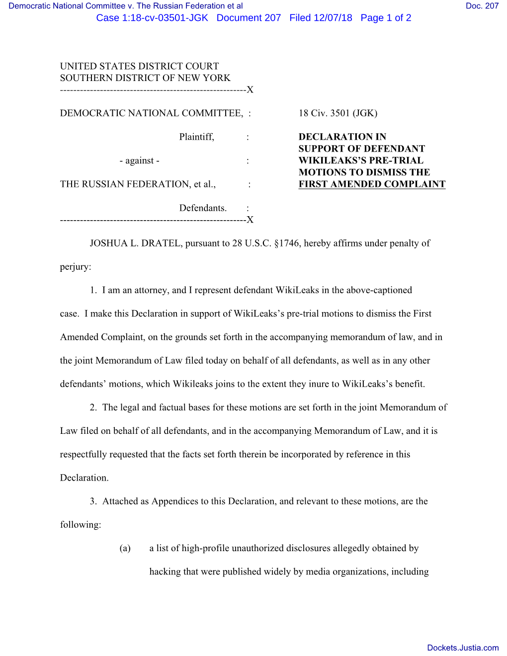 206 MOTION to Dismiss First Amended Complaint.. Document Filed by Wikileaks