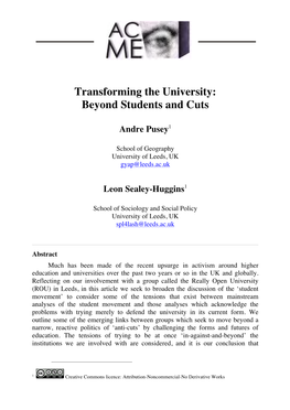 Transforming the University: Beyond Students and Cuts