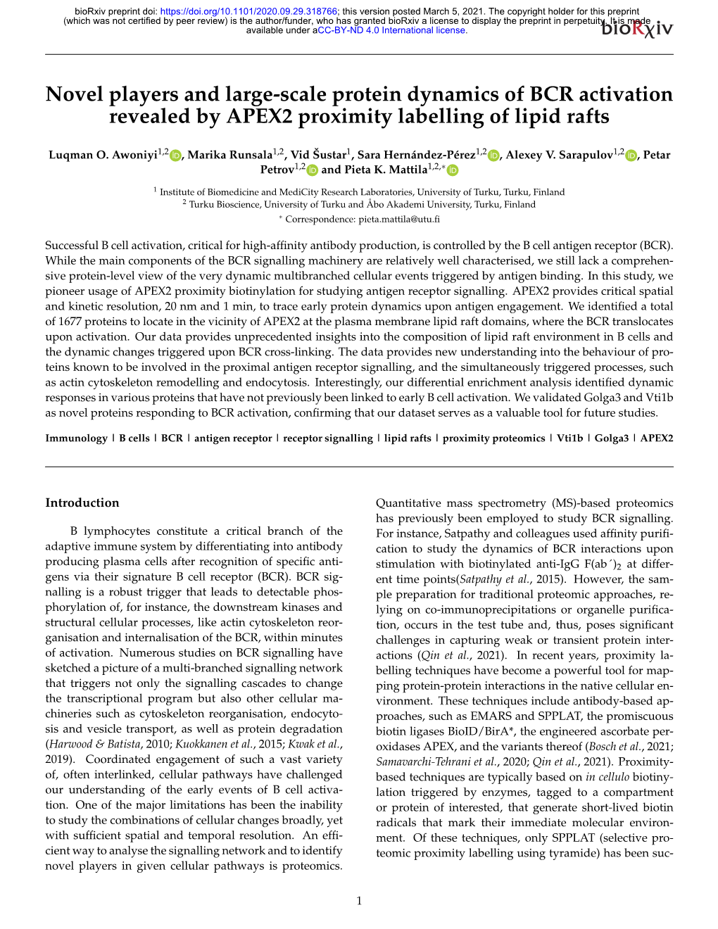 Novel Players and Large-Scale Protein Dynamics of BCR Activation Revealed by APEX2 Proximity Labelling of Lipid Rafts