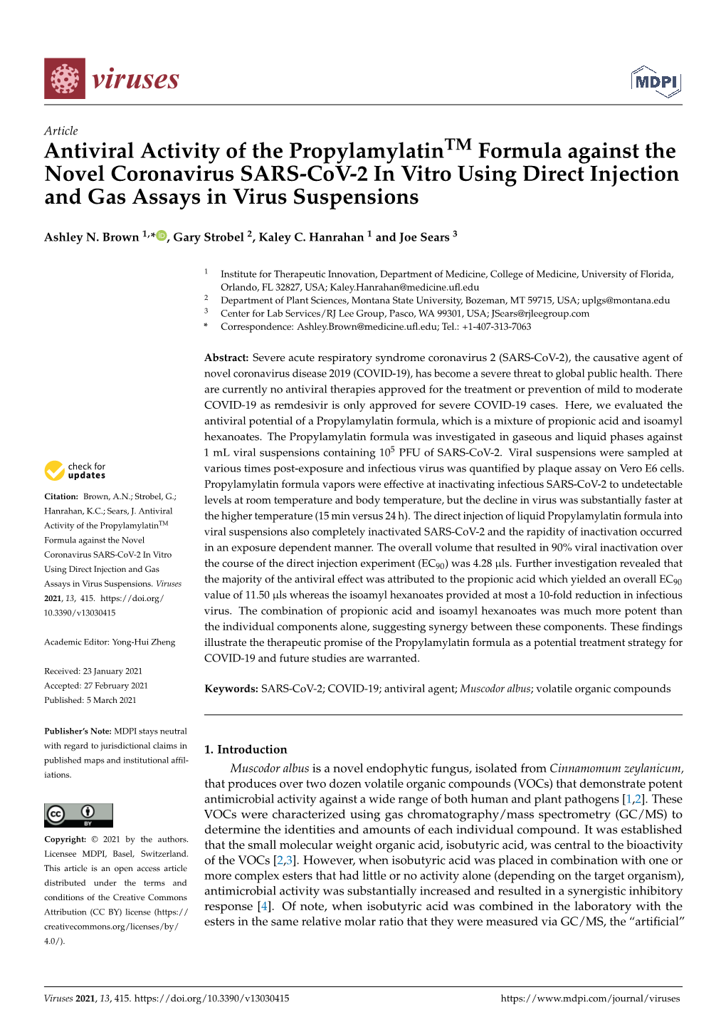 Antiviral Activity of the Propylamylatintm Formula Against the Novel Coronavirus SARS-Cov-2 in Vitro Using Direct Injection and Gas Assays in Virus Suspensions