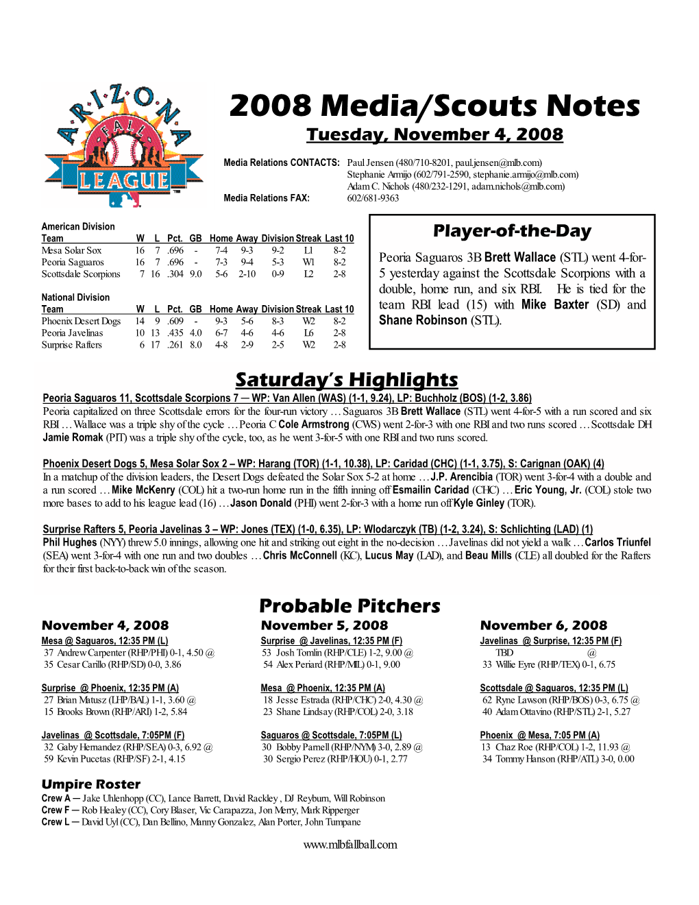 2008 Media/Scouts Notes Tuesday, November 4, 2008