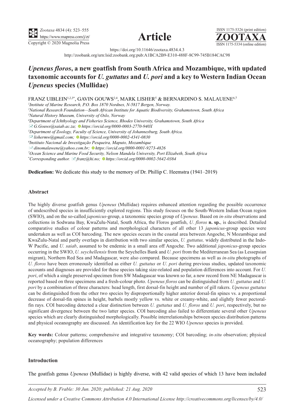 Upeneus Floros, a New Goatfish from South Africa and Mozambique, with Updated Taxonomic Accounts for U