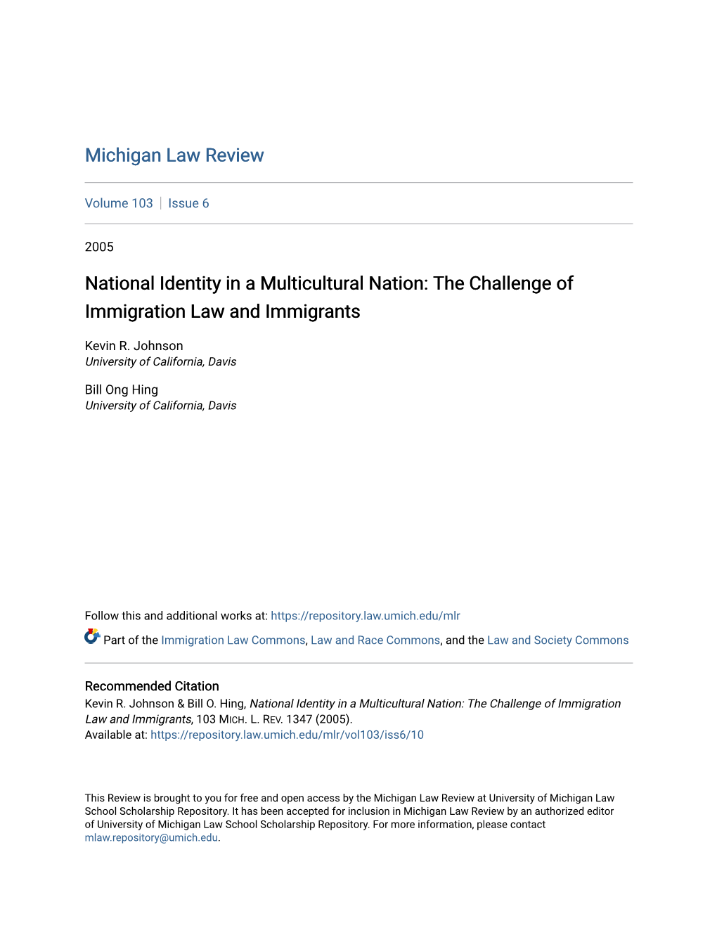 National Identity in a Multicultural Nation: the Challenge of Immigration Law and Immigrants