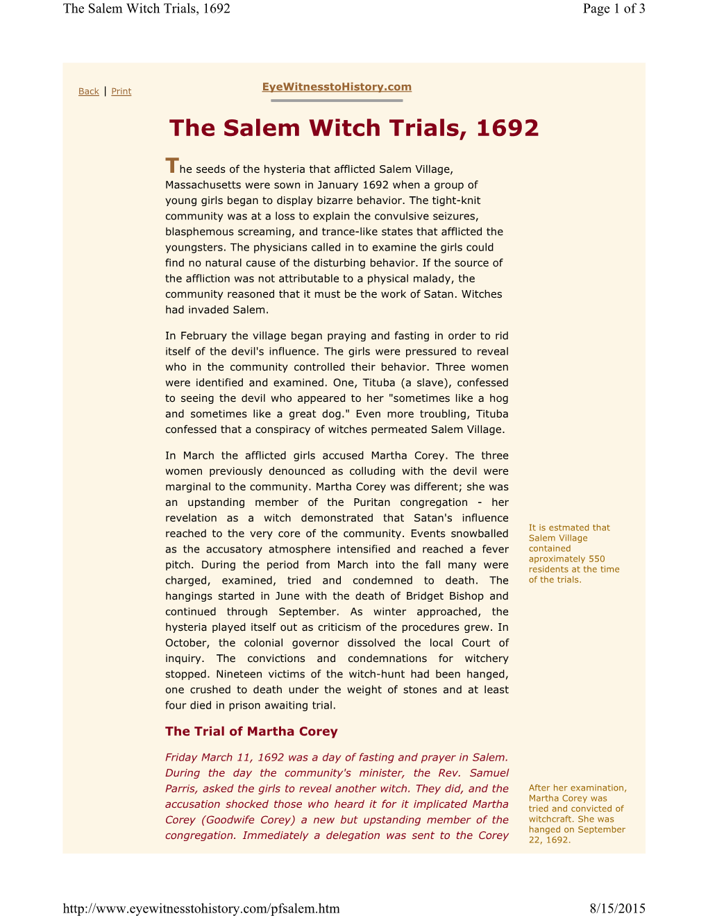 The Salem Witch Trials, 1692 Page 1 of 3