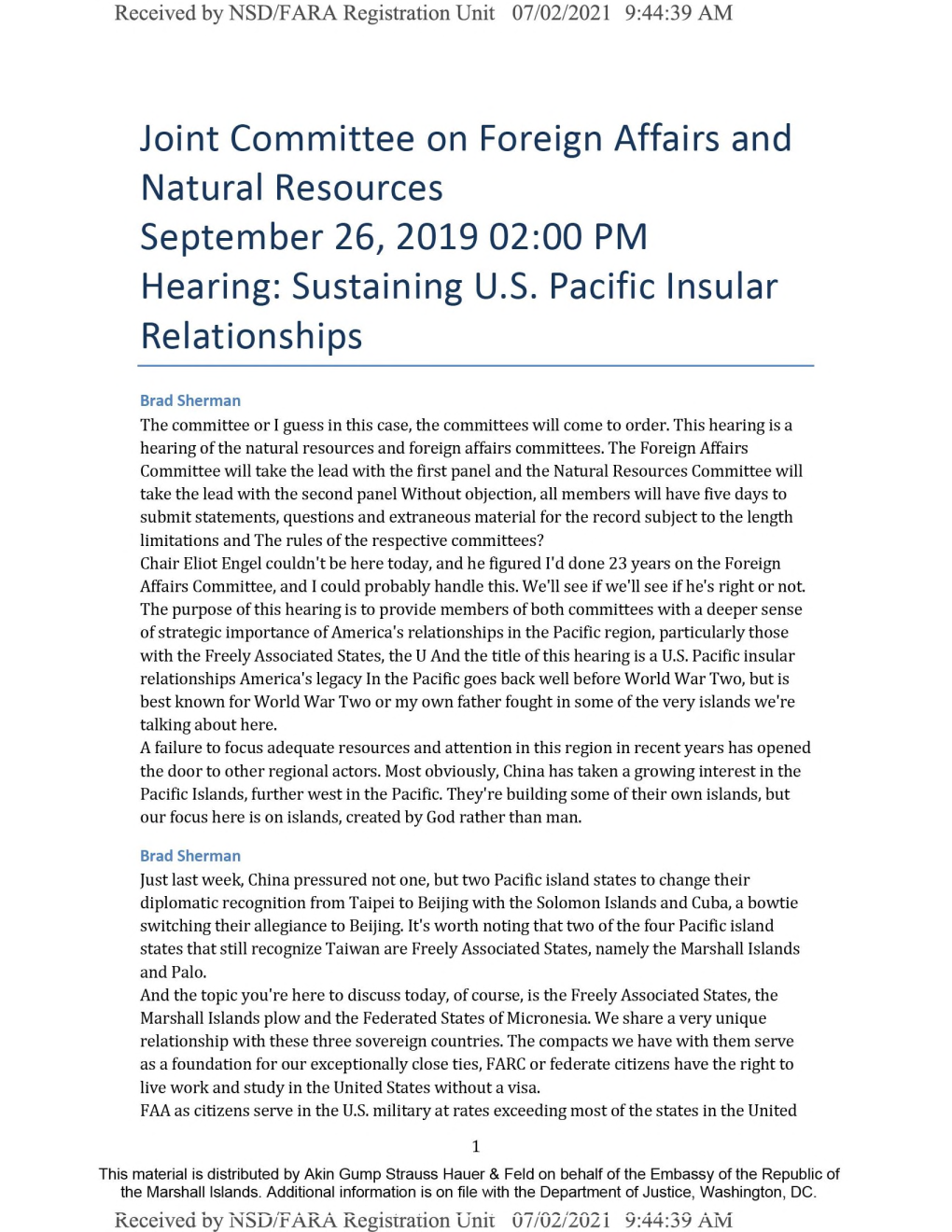 Joint Committee on Foreign Affairs and Natural Resources September 26, 2019 02:00 PM Hearing: Sustaining U.S