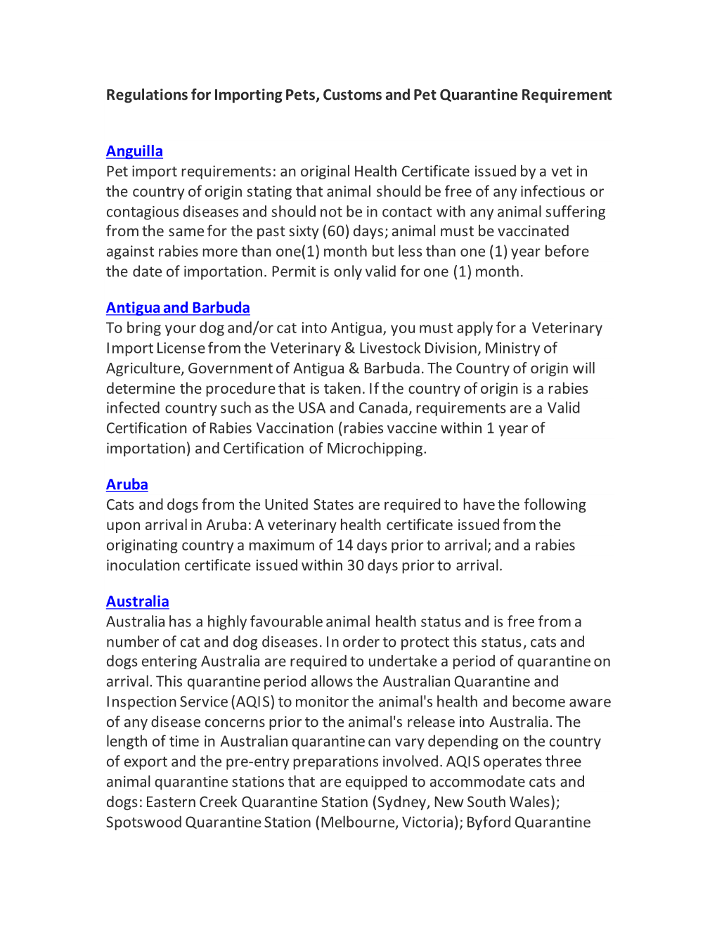 Regulations for Importing Pets, Customs and Pet Quarantine Requirement