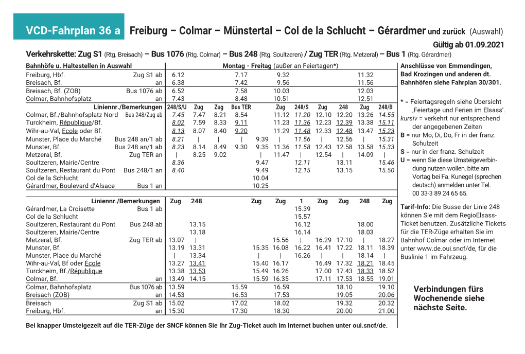 Colmar – Münstertal – Col De La Schlucht – Gérardmer Und Zurück (Auswahl) Gültig Ab 01.09.2021 Verkehrskette: Zug S1 (Rtg