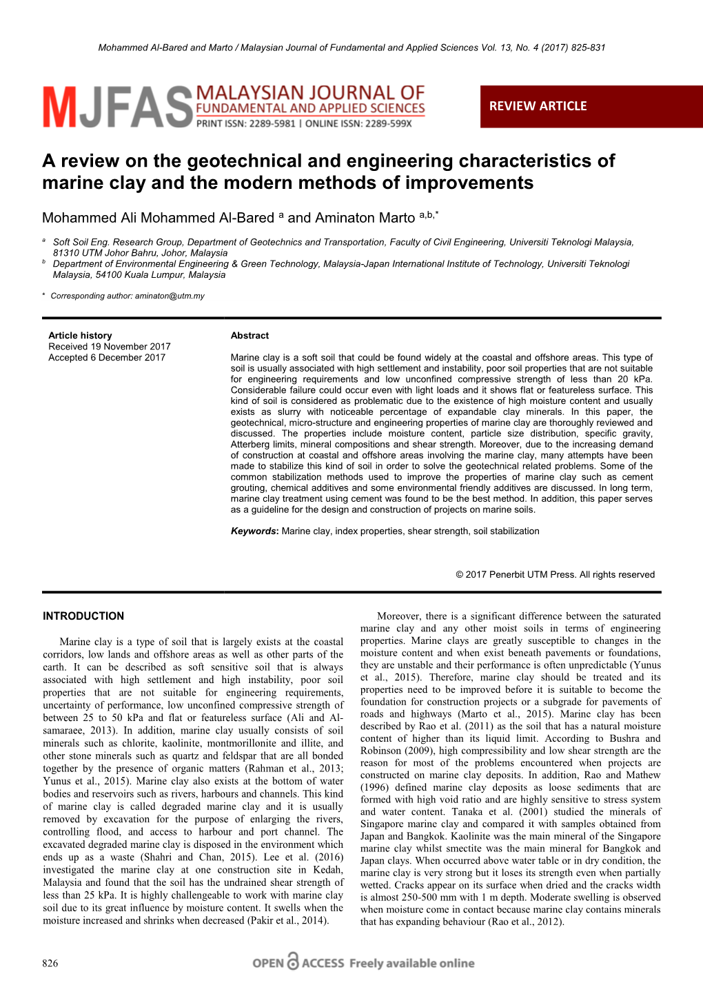 A Review on the Geotechnical and Engineering Characteristics of Marine Clay and the Modern Methods of Improvements