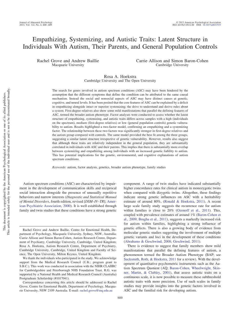 Empathizing, Systemizing, and Autistic Traits: Latent Structure in Individuals with Autism, Their Parents, and General Population Controls