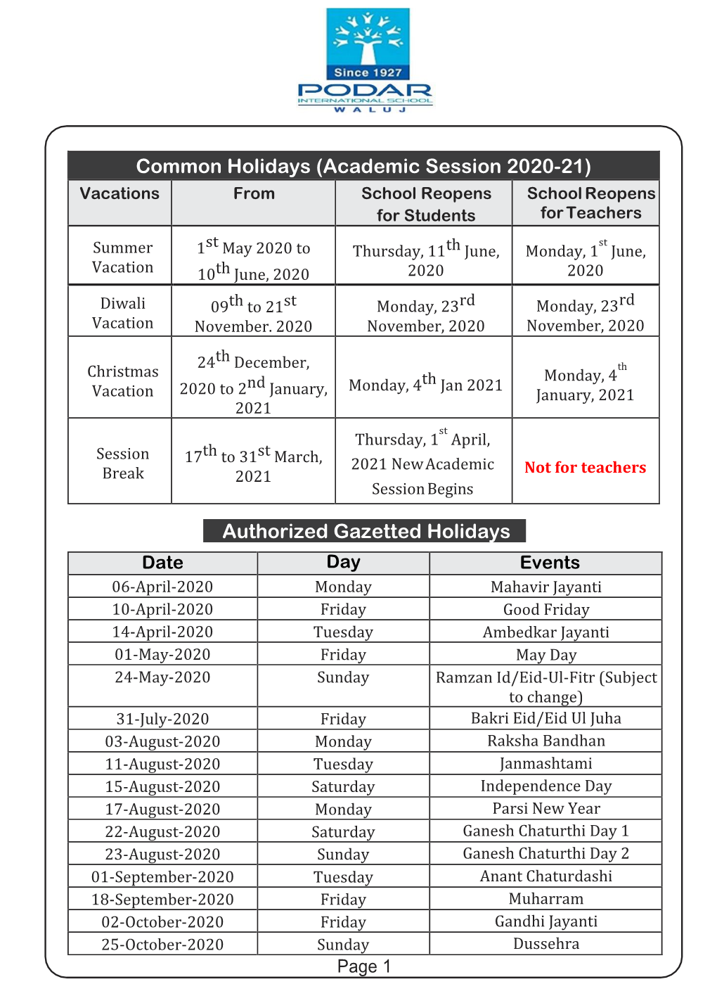 (Academic Session 2020-21) Authorized Gazetted Holidays