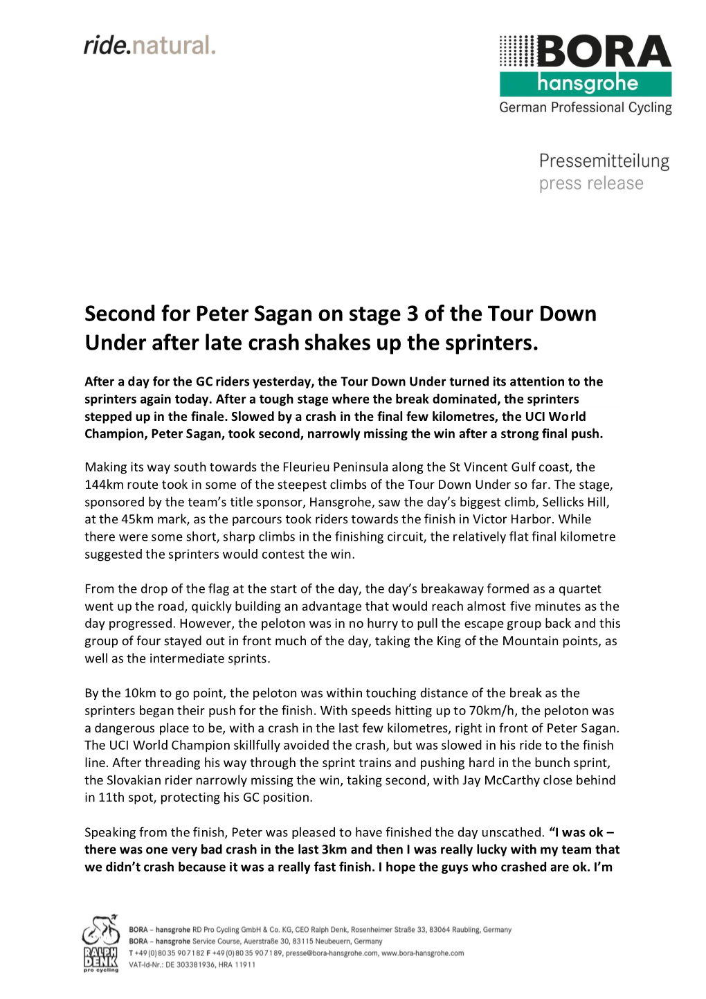 Second for Peter Sagan on Stage 3 of the Tour Down Under After Late Crash Shakes up the Sprinters