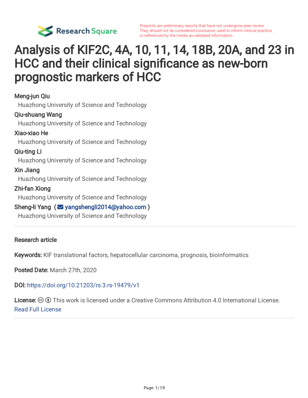 Analysis of KIF2C, 4A, 10, 11, 14, 18B, 20A, and 23 in HCC and Their Clinical Signifcance As New-Born Prognostic Markers of HCC