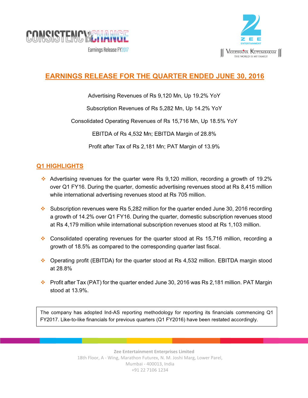 Earnings Release for the Quarter Ended June 30, 2016