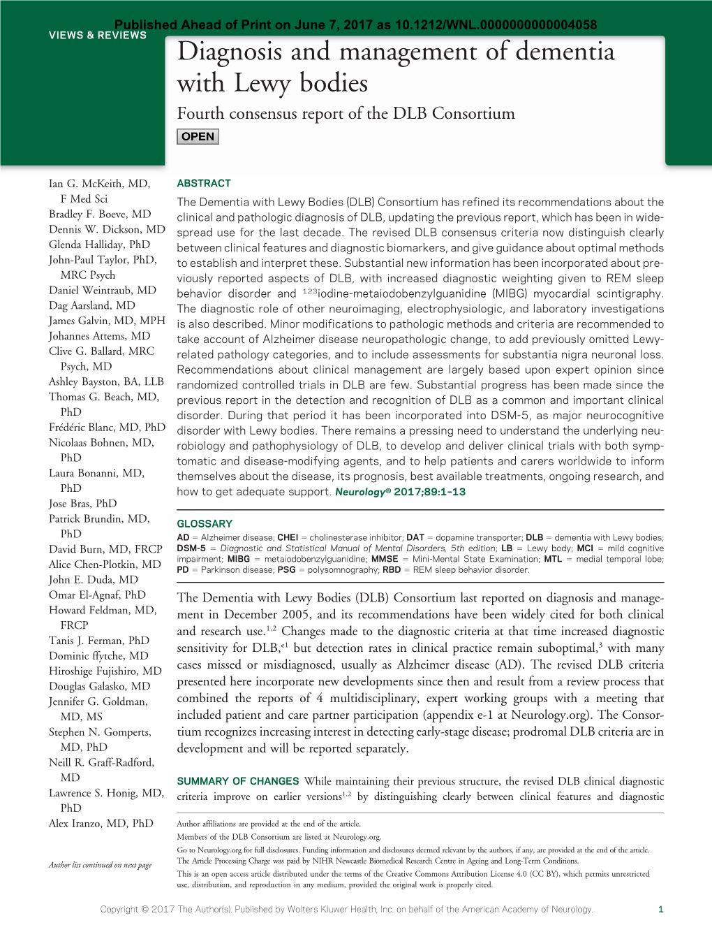 Diagnosis and Management of Dementia with Lewy Bodies Fourth Consensus Report of the DLB Consortium