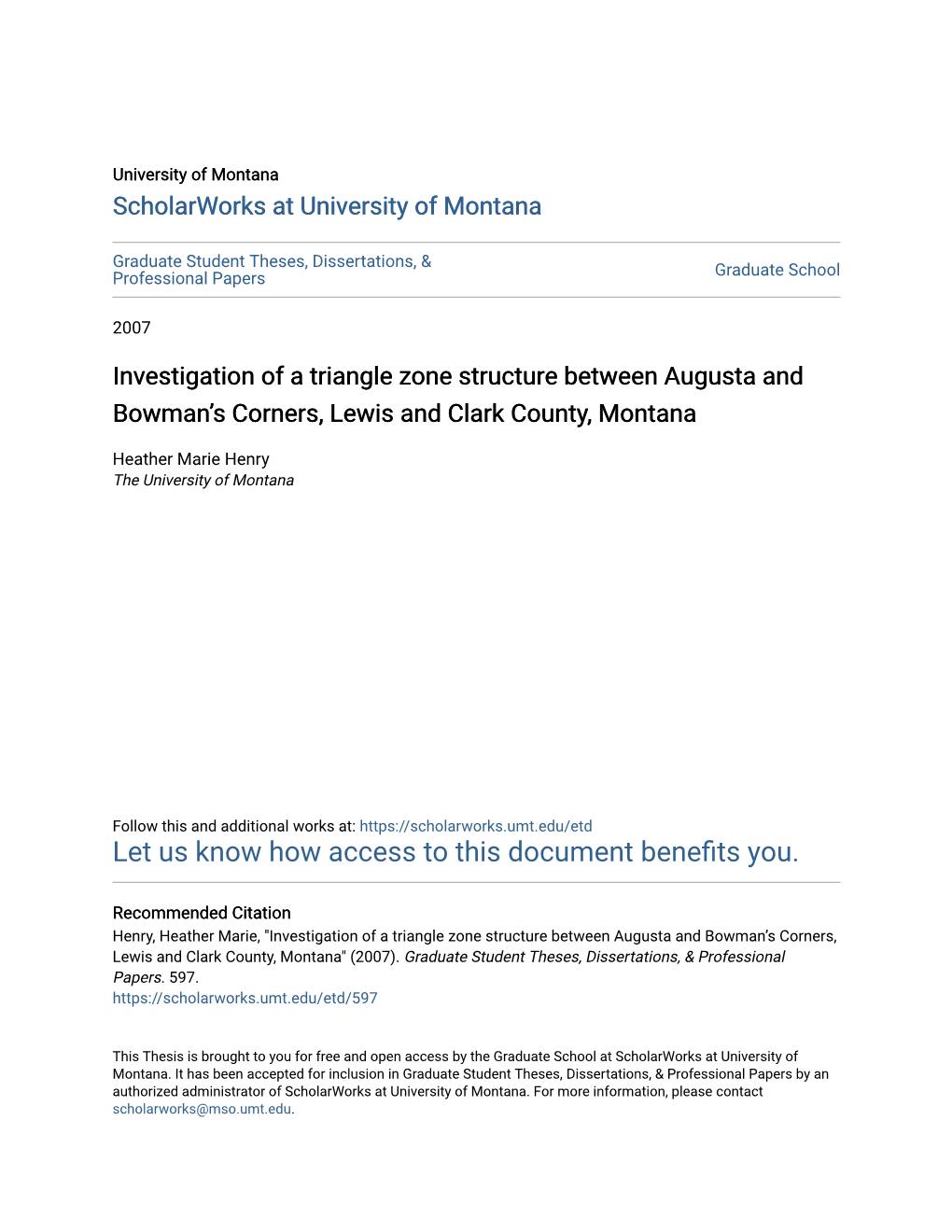 Investigation of a Triangle Zone Structure Between Augusta and Bowman’S Corners, Lewis and Clark County, Montana