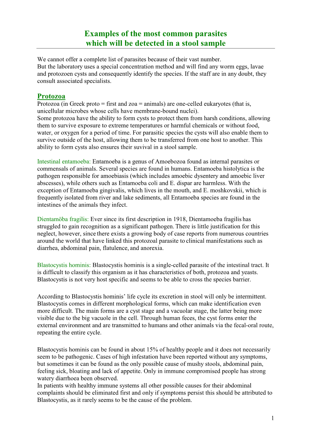 Examples of the Most Common Parasites Which Will Be Detected in a Stool Sample