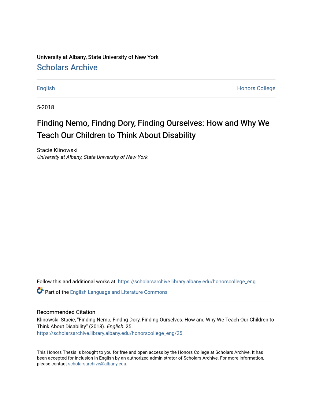 Finding Nemo, Findng Dory, Finding Ourselves: How and Why We Teach Our Children to Think About Disability