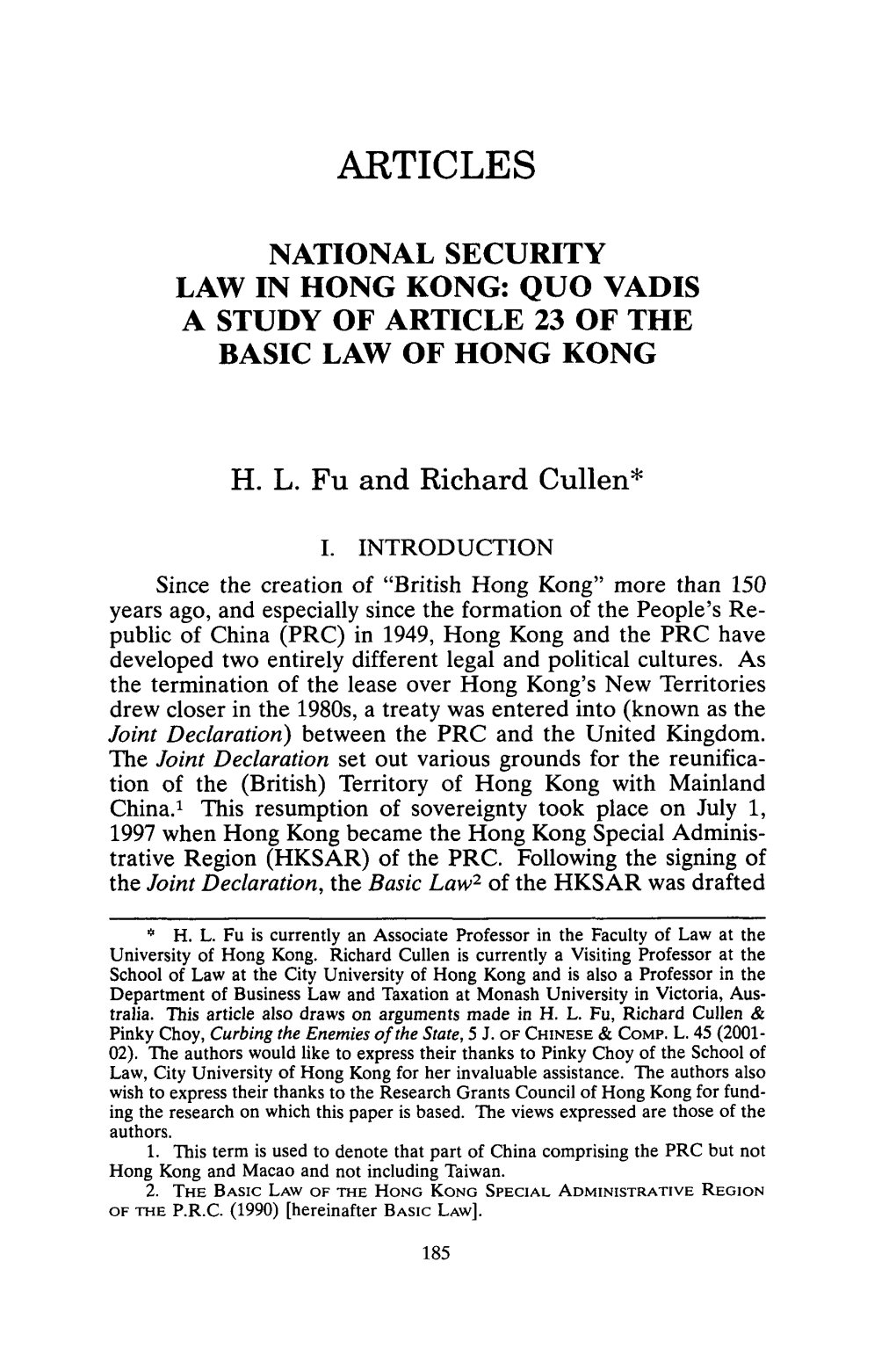 A Study of Article 23 of the Basic Law of Hong Kong