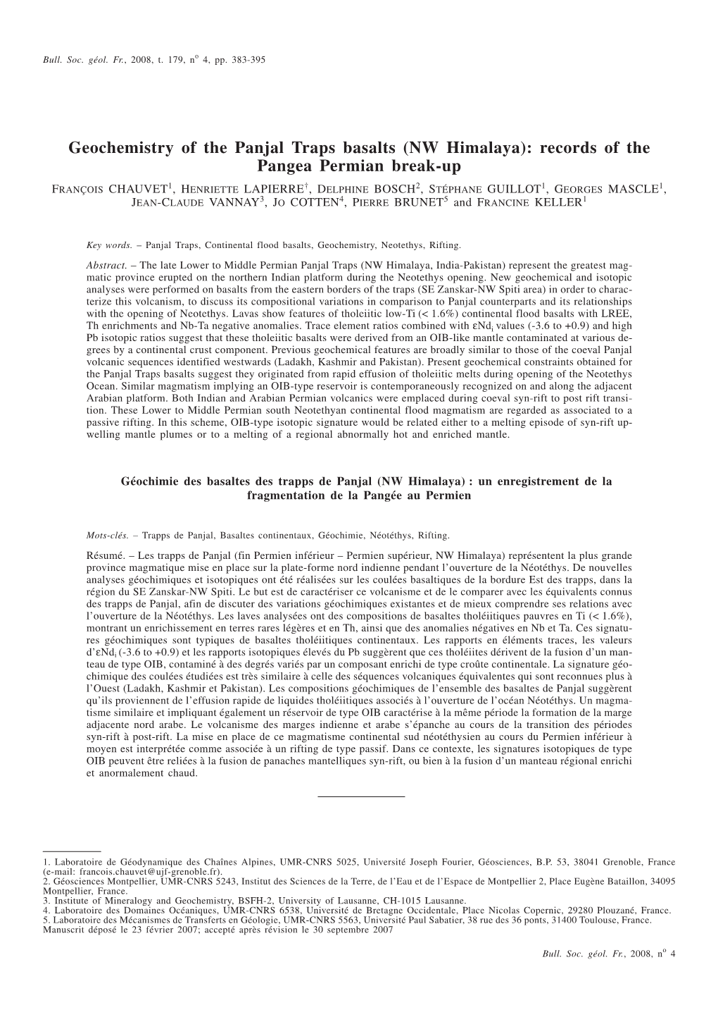 Geochemistry of the Panjal Traps Basalts (NW Himalaya): Records of the Pangea Permian Break-Up