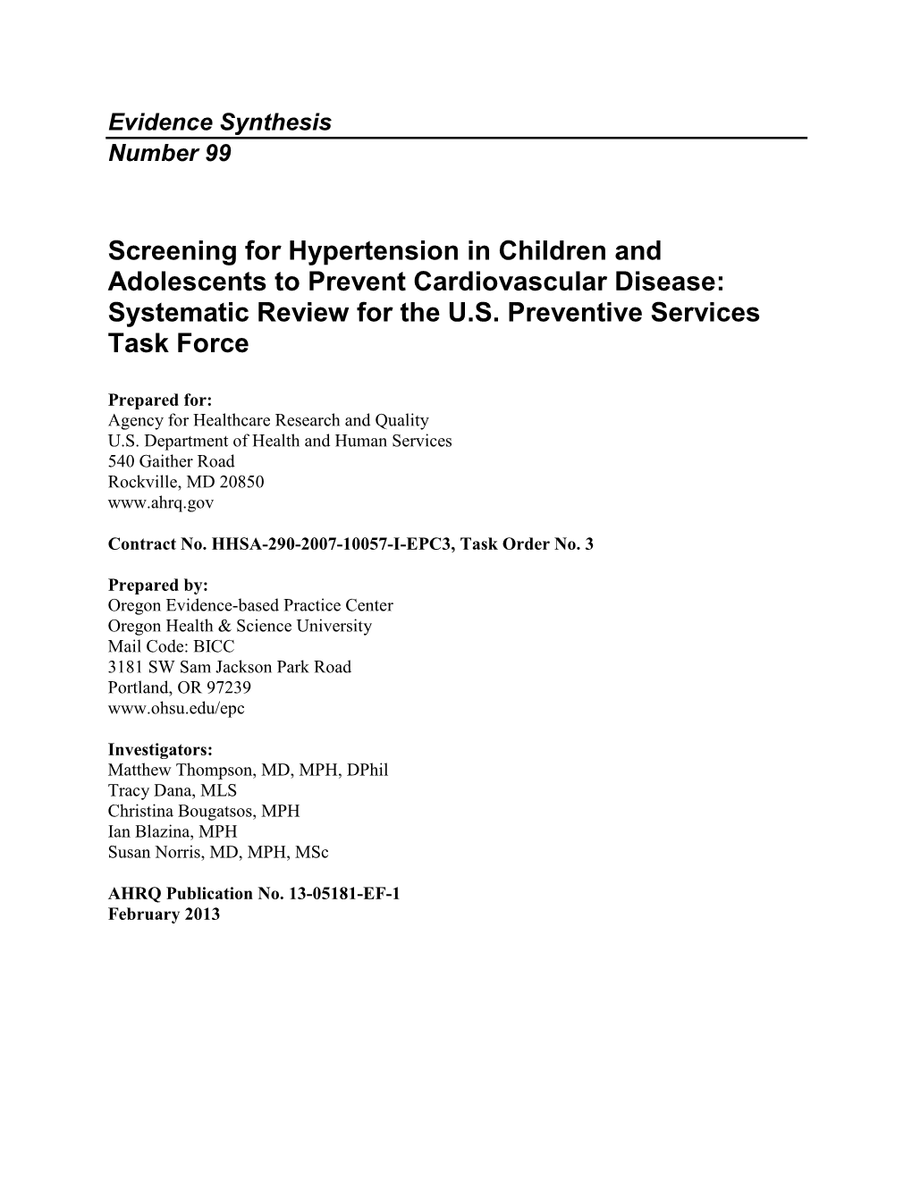 Screening for Hypertension in Children and Adolescents to Prevent Cardiovascular Disease: Systematic Review for the U.S