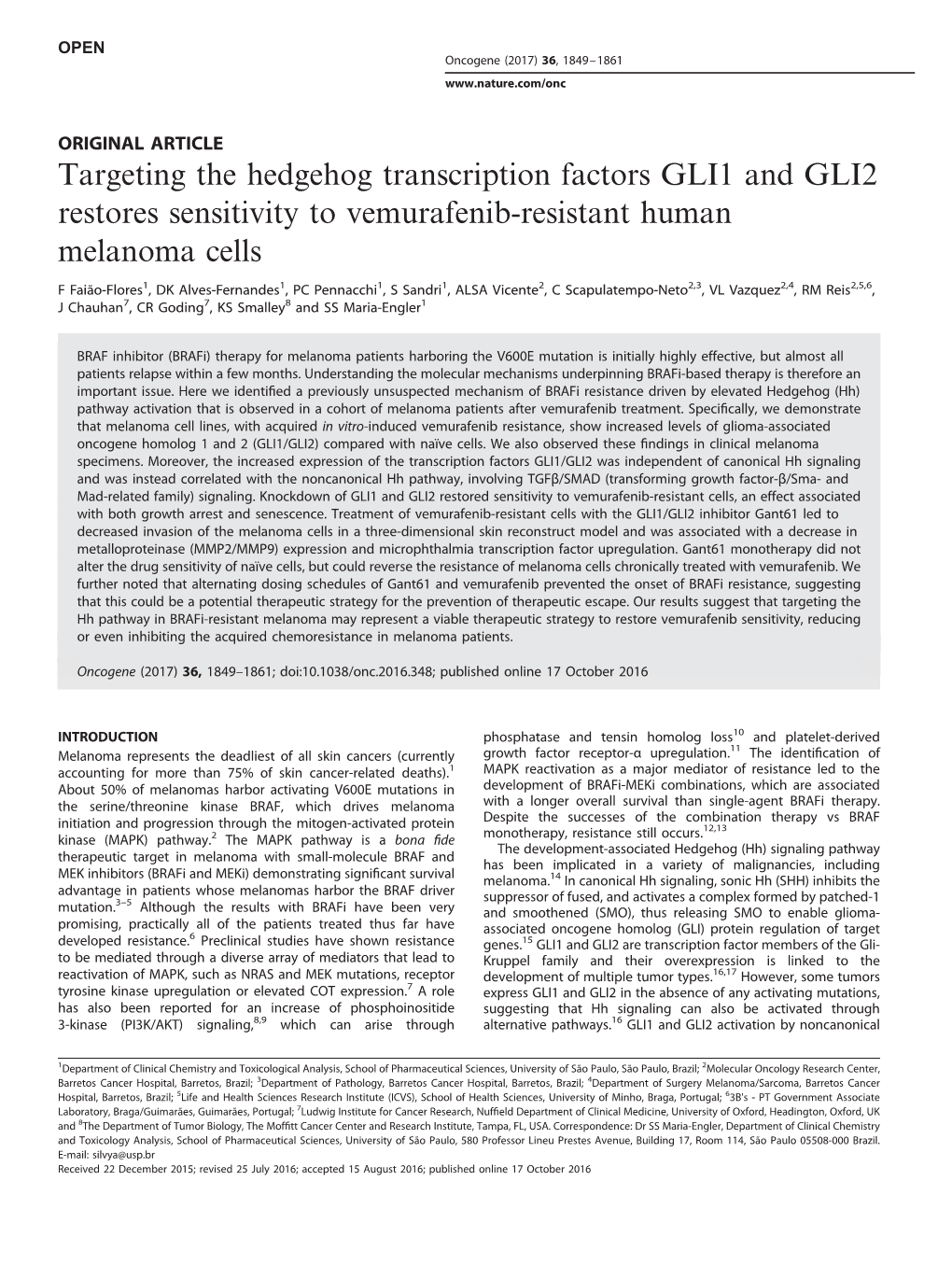 Targeting the Hedgehog Transcription Factors GLI1 and GLI2 Restores Sensitivity to Vemurafenib-Resistant Human Melanoma Cells